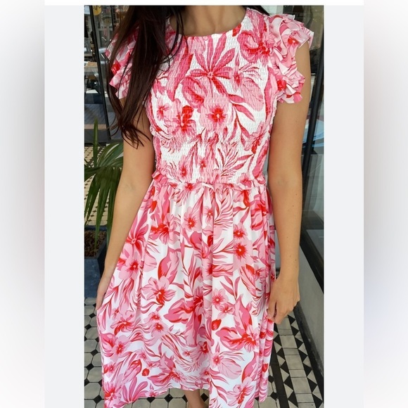 entro | Dresses | Entro Pink Floral Smocked Bodice Ruffle Sleeve Dress ...